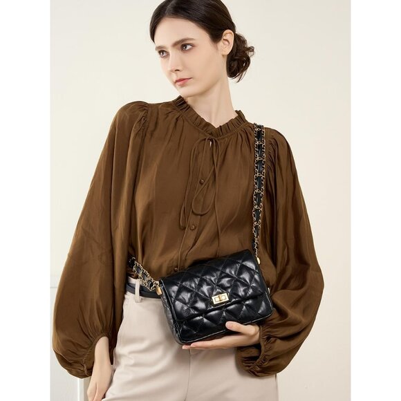 Black Quilted Crossbody Bag with Chain Strap and Buckle Closure - Women's Fashio - Picture 6 of 6